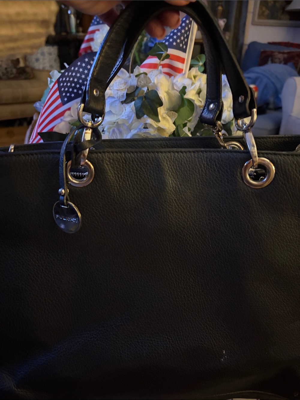 Pulicati Black Leather Satchel with Silver Hardware